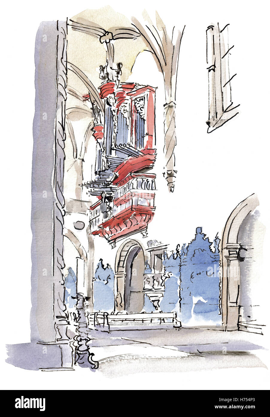 Aquarell von einer gotischen Kathedrale Innenraum mit Orgel Stockfoto