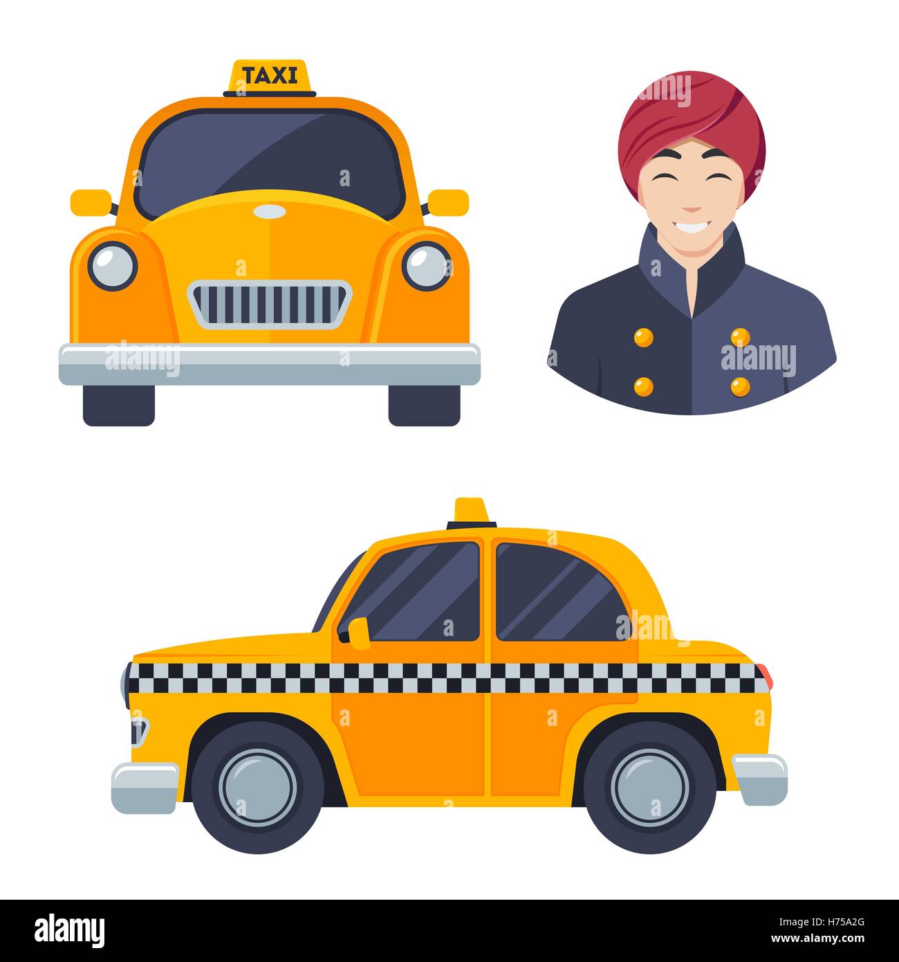 Indische hindu Taxi Auto-Fahrer-Icon-Set. Stock Vektor