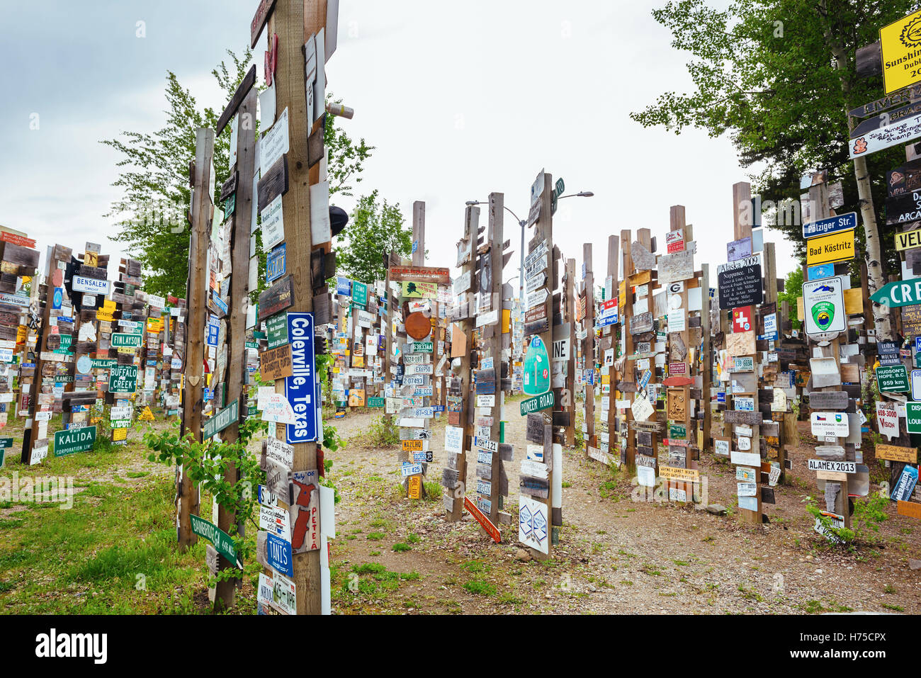 Sign Post Forest Stillstand muss für Reisende des Alaska Highways in Watson Lake, Yukon Territory Stockfoto