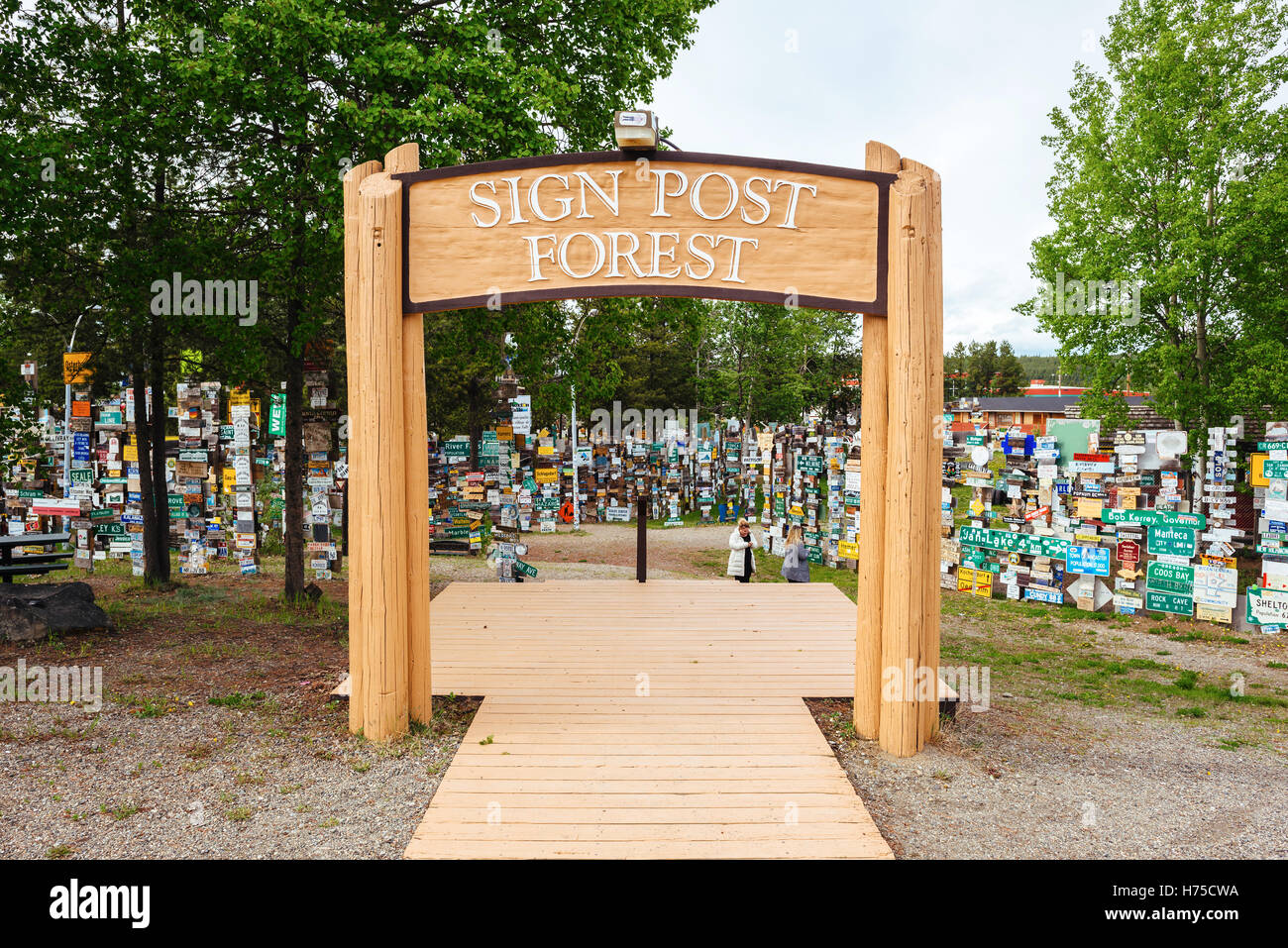 Sign Post Forest Stillstand muss für Reisende des Alaska Highways in Watson Lake, Yukon Territory Stockfoto