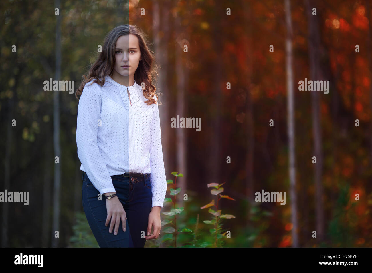 Foto vor und nach der Bildbearbeitung. Junge Frau Stockfoto