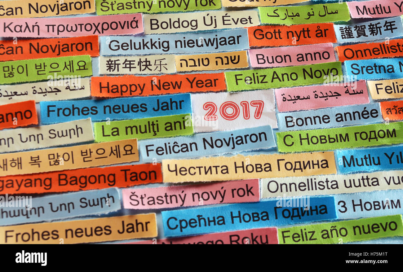 Happy New Year-Wortwolke auf farbiges Papier verschiedene Sprachen gedruckt Stockfoto