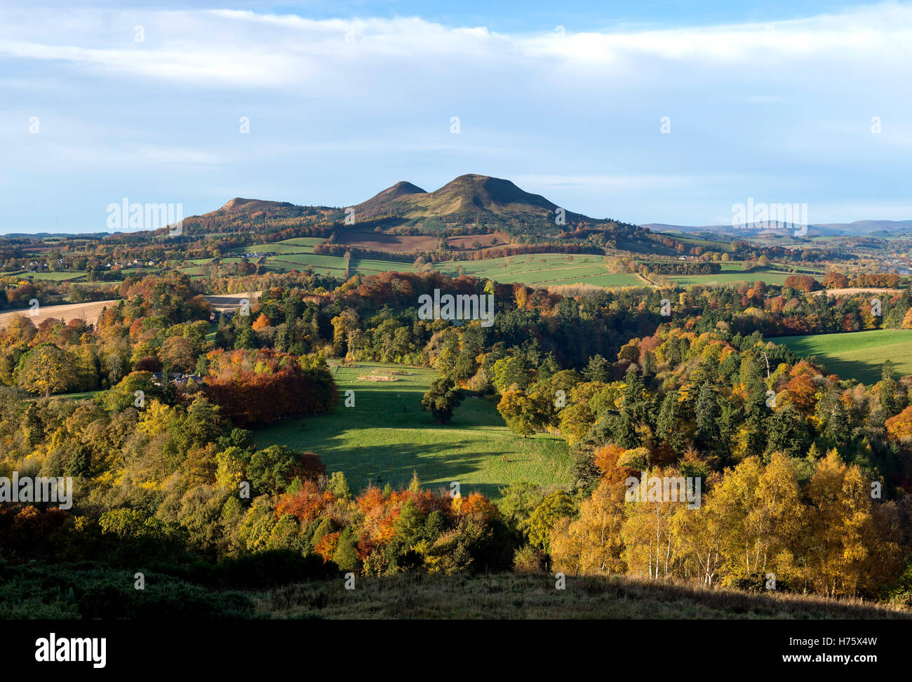 Scotts View, ein Aussichtspunkt mit Blick auf das Tal des Flusses Tweed, mit den Eildon Hügeln jenseits Scottish Borders. Stockfoto