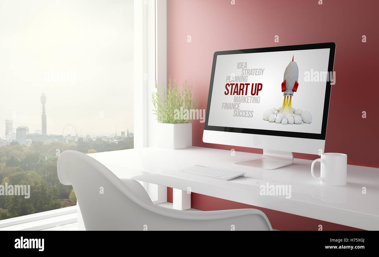 rotes Studio mit Start-up auf Bildschirm Computer mit London Skyline im Hintergrund. 3D-Rendering. Stockfoto