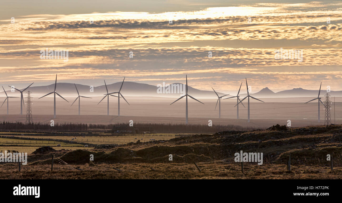 Windkraftanlagen mit Nebel und Berg sichern genommen im äußersten Norden von Schottland Stockfoto