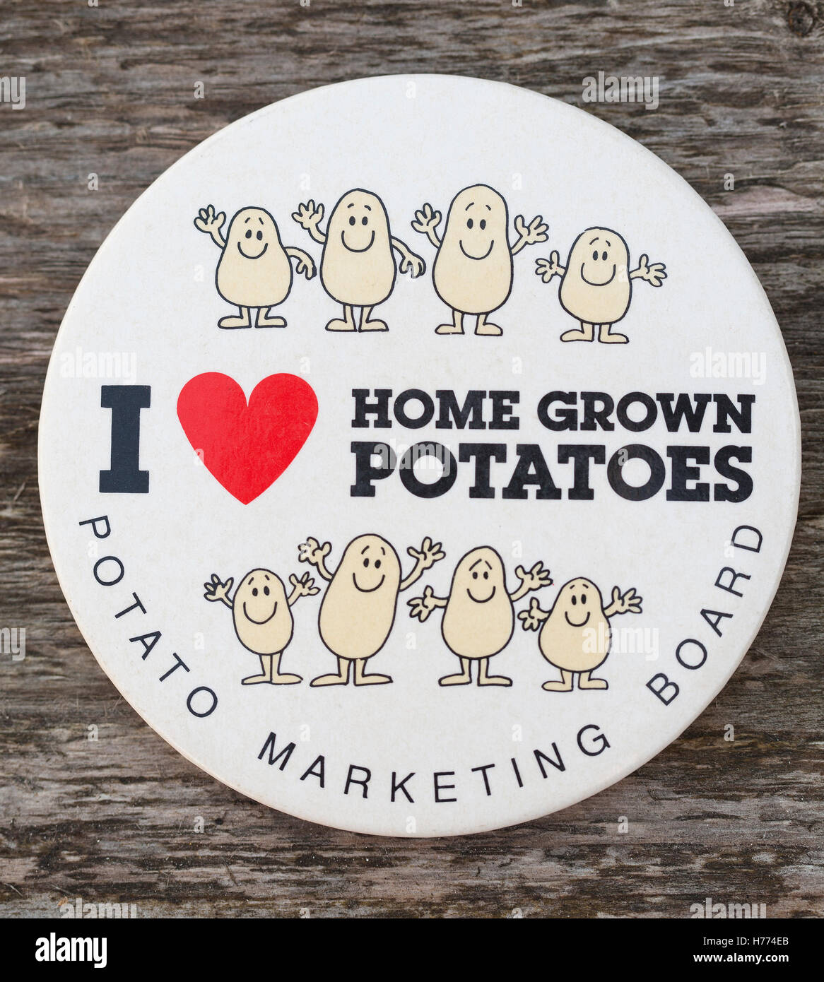 Ich liebe nach Hause angebauten Kartoffeln-Abzeichen - Kartoffel Marketing Board Werbung Stockfoto