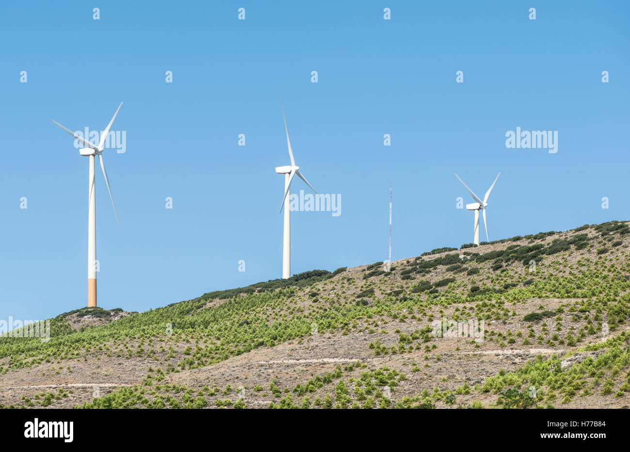 Windkraftanlagen auf einem Hügel Stockfoto