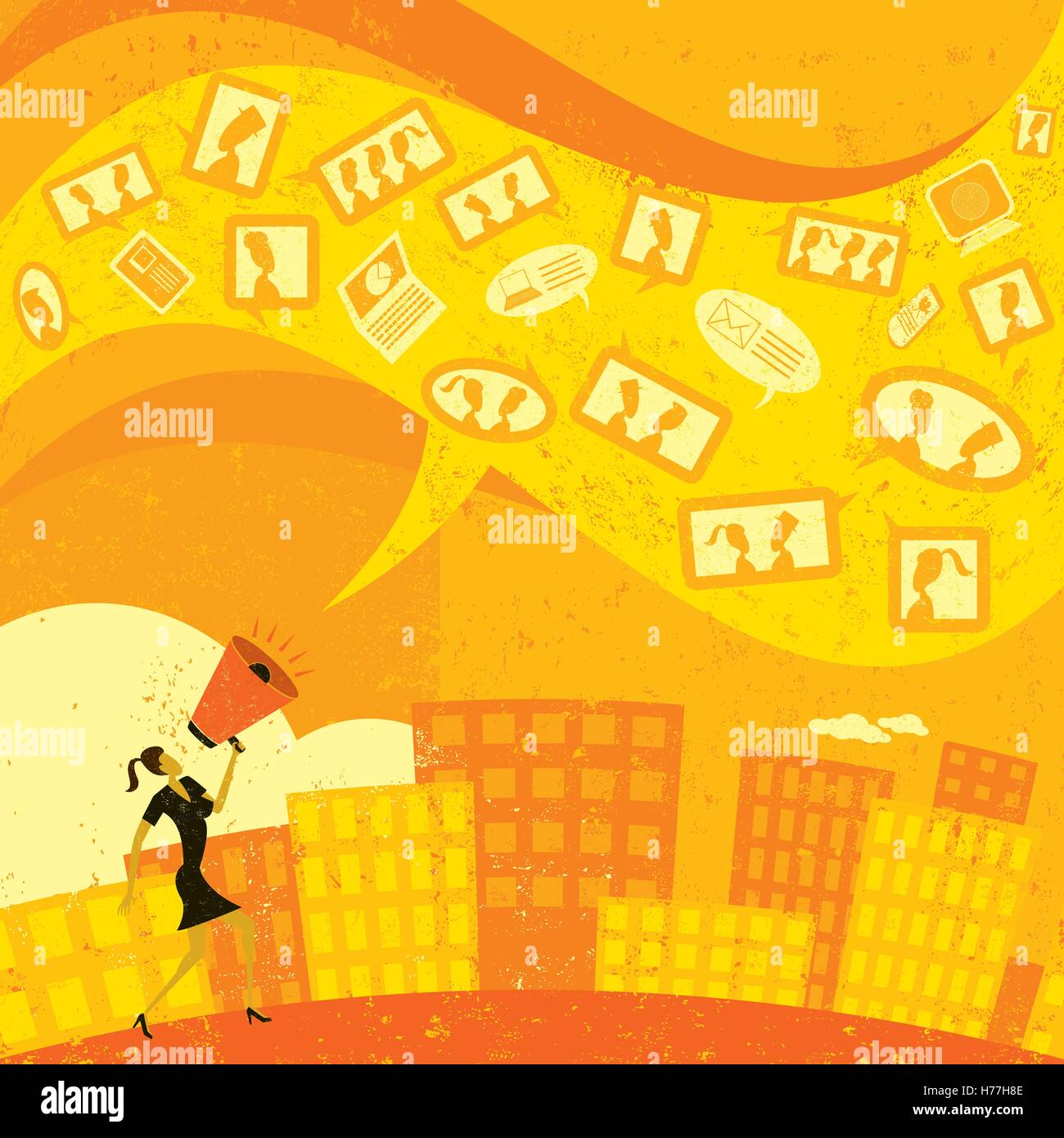 Kommunikation mit Social Media eine Geschäftsfrau in ein Megaphon schreien und ihre Botschaft mit social Media zu vermitteln. Die wo Stock Vektor