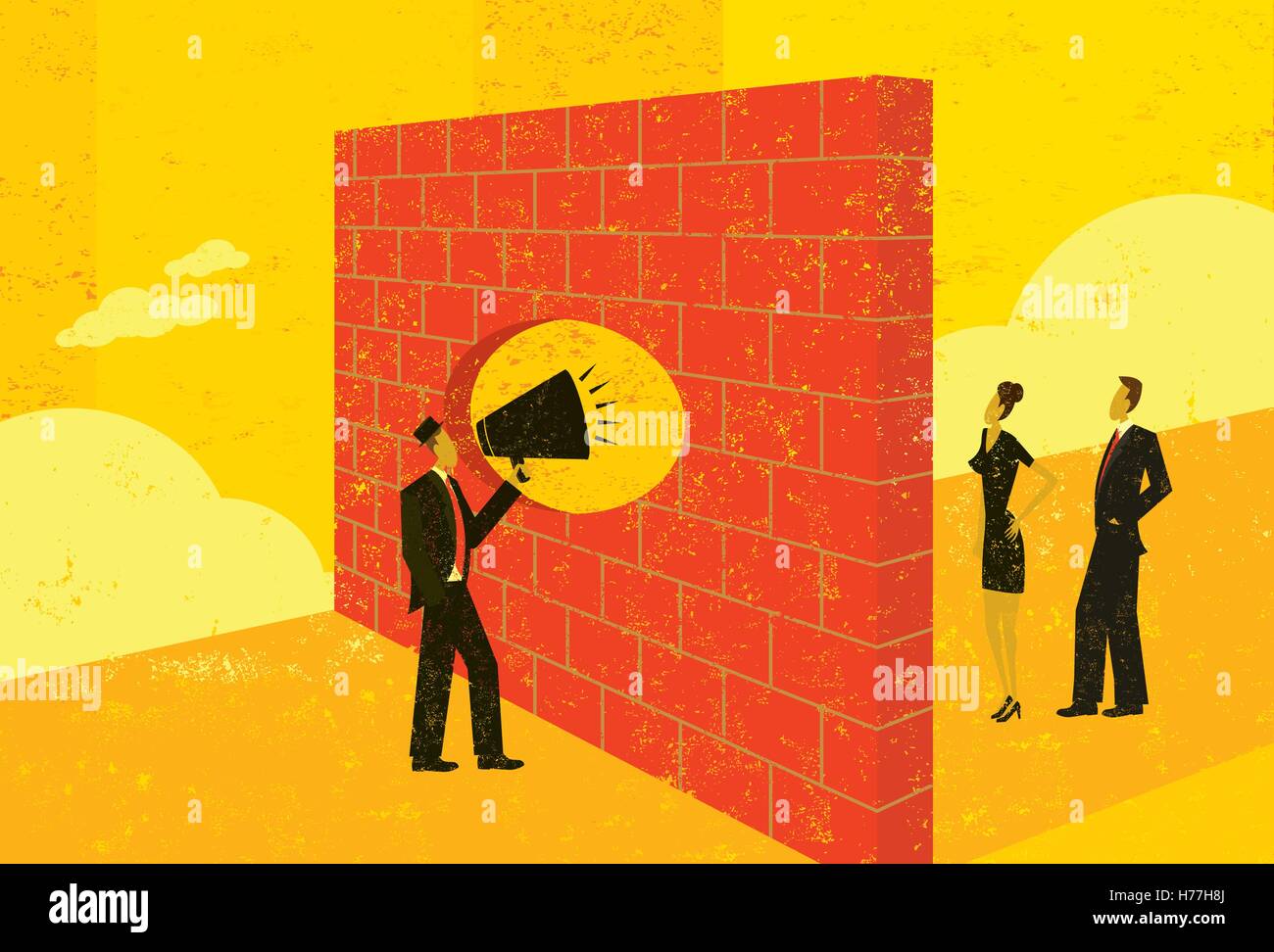 Schreiend durch ein Ziegel Wand A Geschäftsmann eine Barriere zu überwinden, mit potenziellen Kunden zu kommunizieren.  Die Menschen & Ziegel Wand Stock Vektor