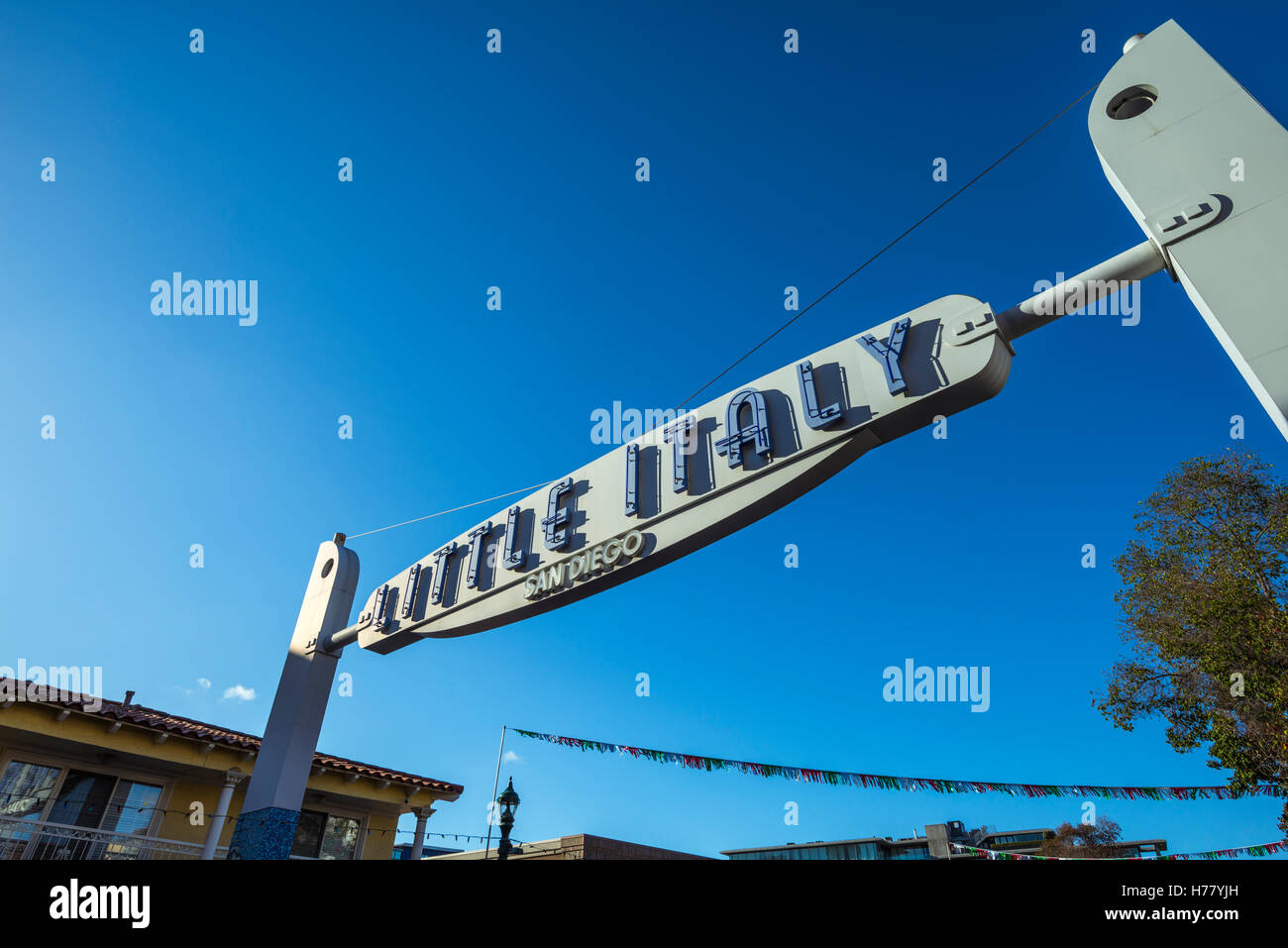 Wenig Italien Zeichen, Festzelt. Little Italy, San Diego, Kalifornien, USA. Stockfoto