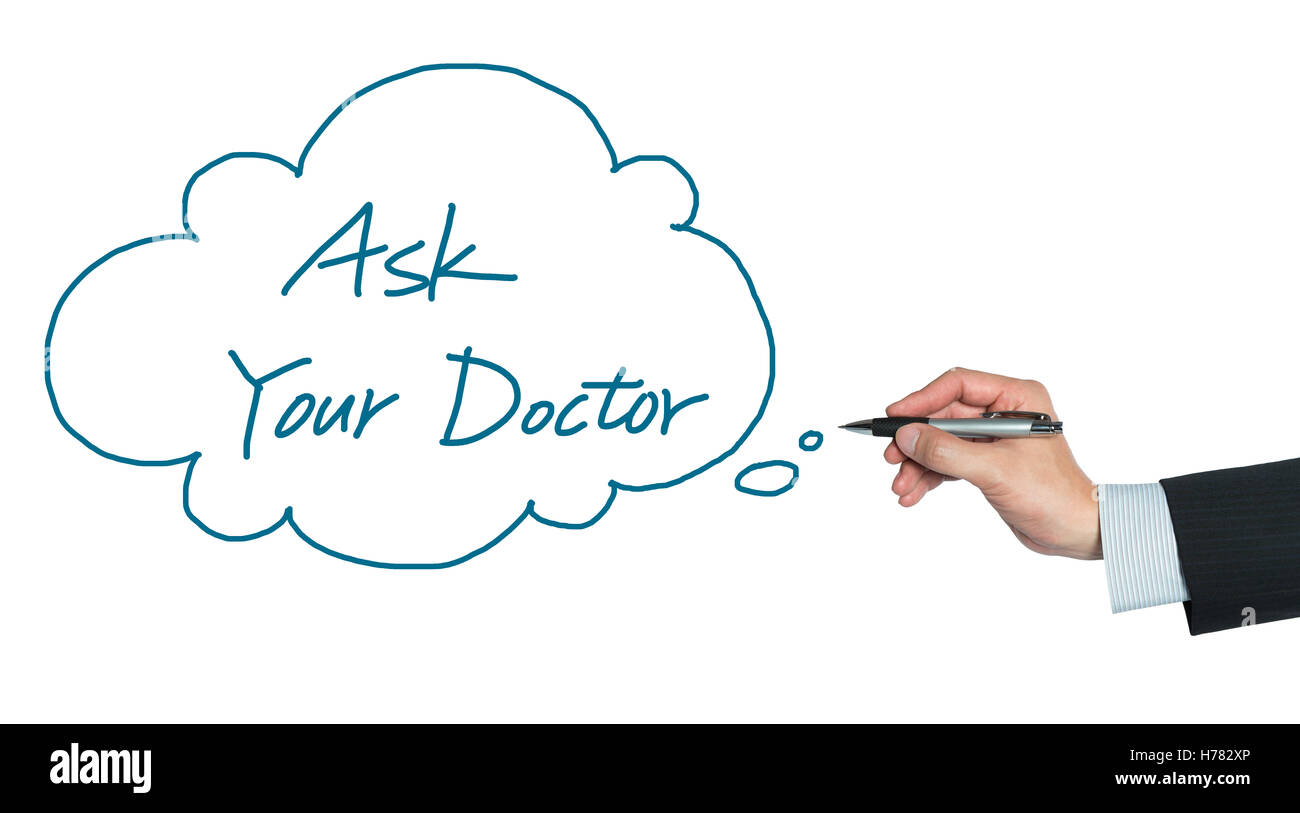 Fragen Sie Ihren Arzt handschriftlich, grauen Hintergrund Stockfoto