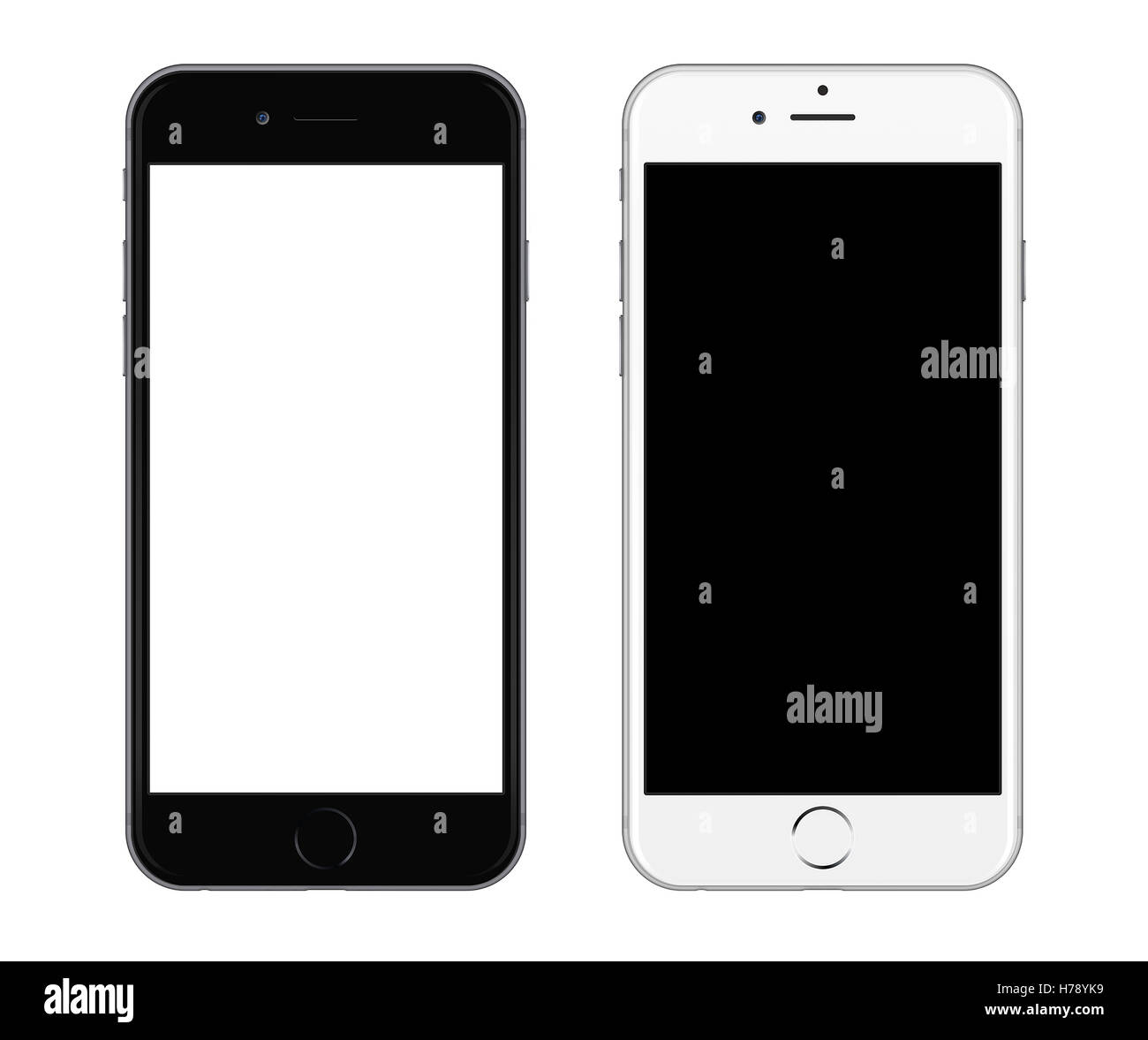 Schwarz Smartphone in der Nähe von weißen Smartphone isoliert auf weißem Hintergrund Stockfoto