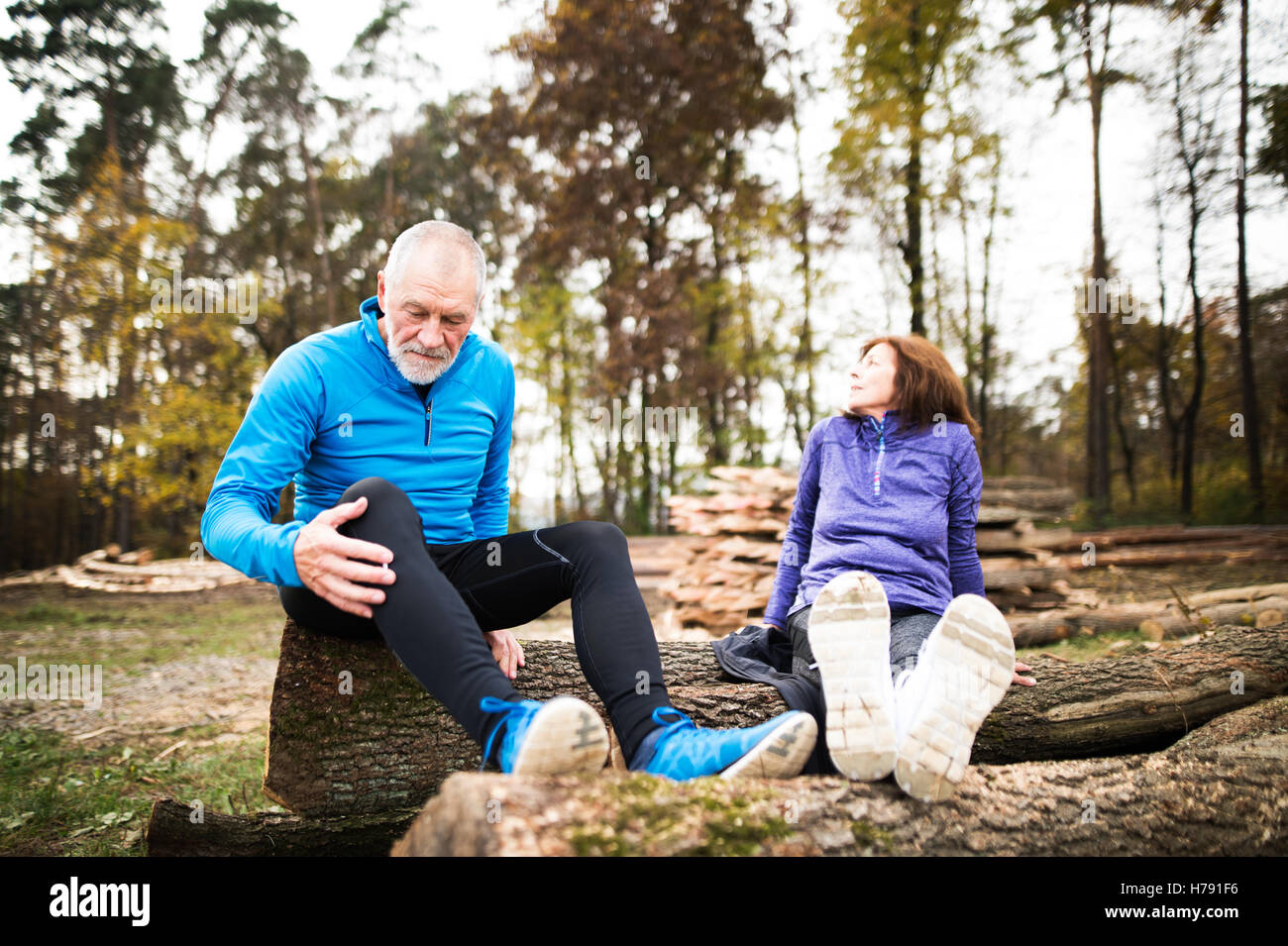 Senior-Läufer sitzt auf hölzernen Maschinenbordbüchern, ruhen. Herbst Natur. Stockfoto
