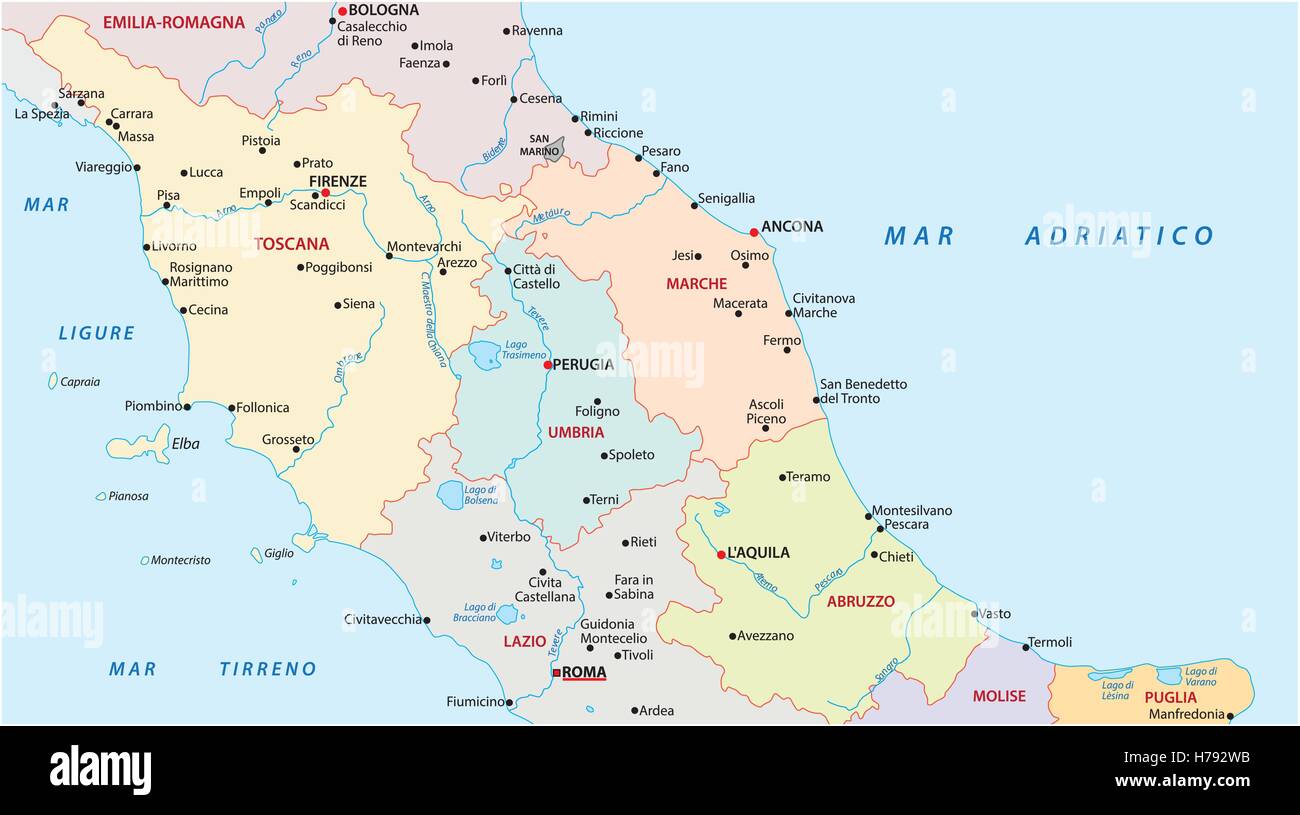 Administrative und politische Karte der Regionen Mittelitaliens Stock Vektor