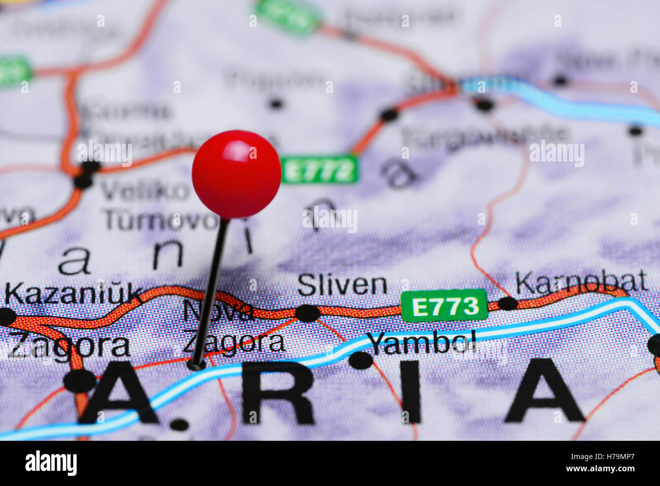 Nova Zagora fixiert auf einer Karte von Bulgarien Stockfoto