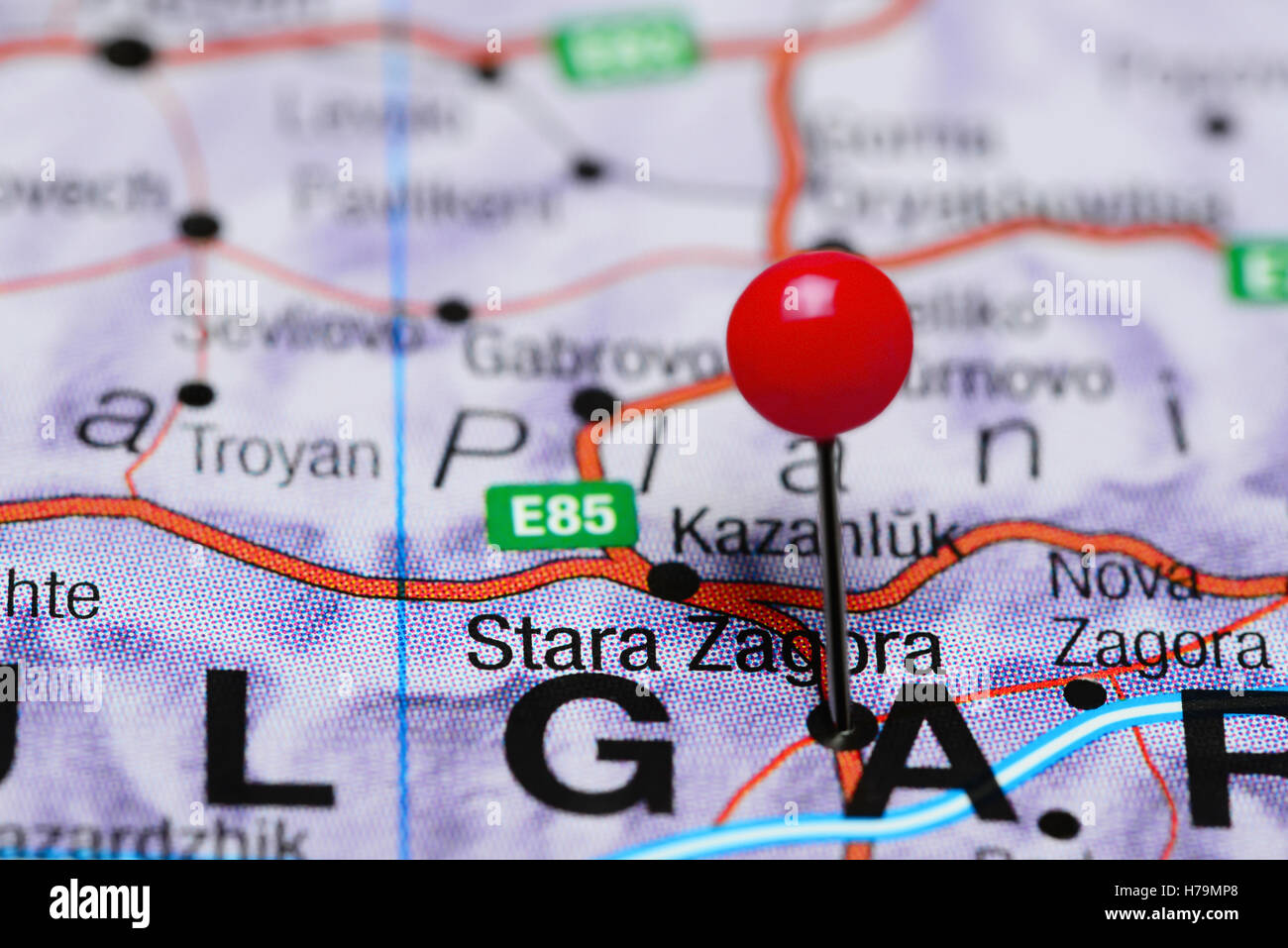 Stara Zagora, fixiert auf einer Karte von Bulgarien Stockfoto