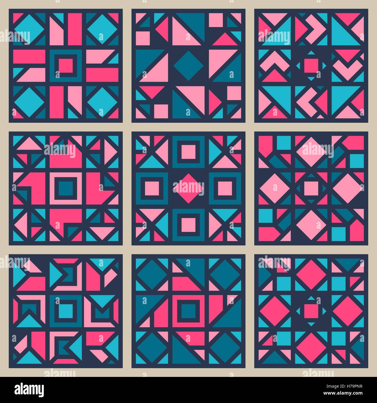 Vektor-geometrische quadratisches Muster Design Element Set in Pink und blau Stock Vektor