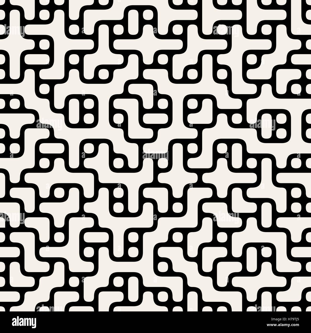 Vector Seamless schwarz weiss gerundet Labyrinth Linien Kreisen und Blöcke Muster Stock Vektor
