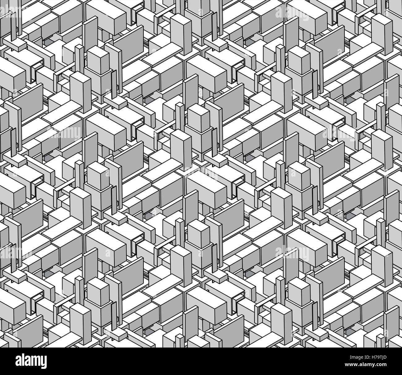 Vektor und nahtlose schwarz schattiert isometrische Blöcke Cubic Stadt Zusammensetzung Muster Stock Vektor