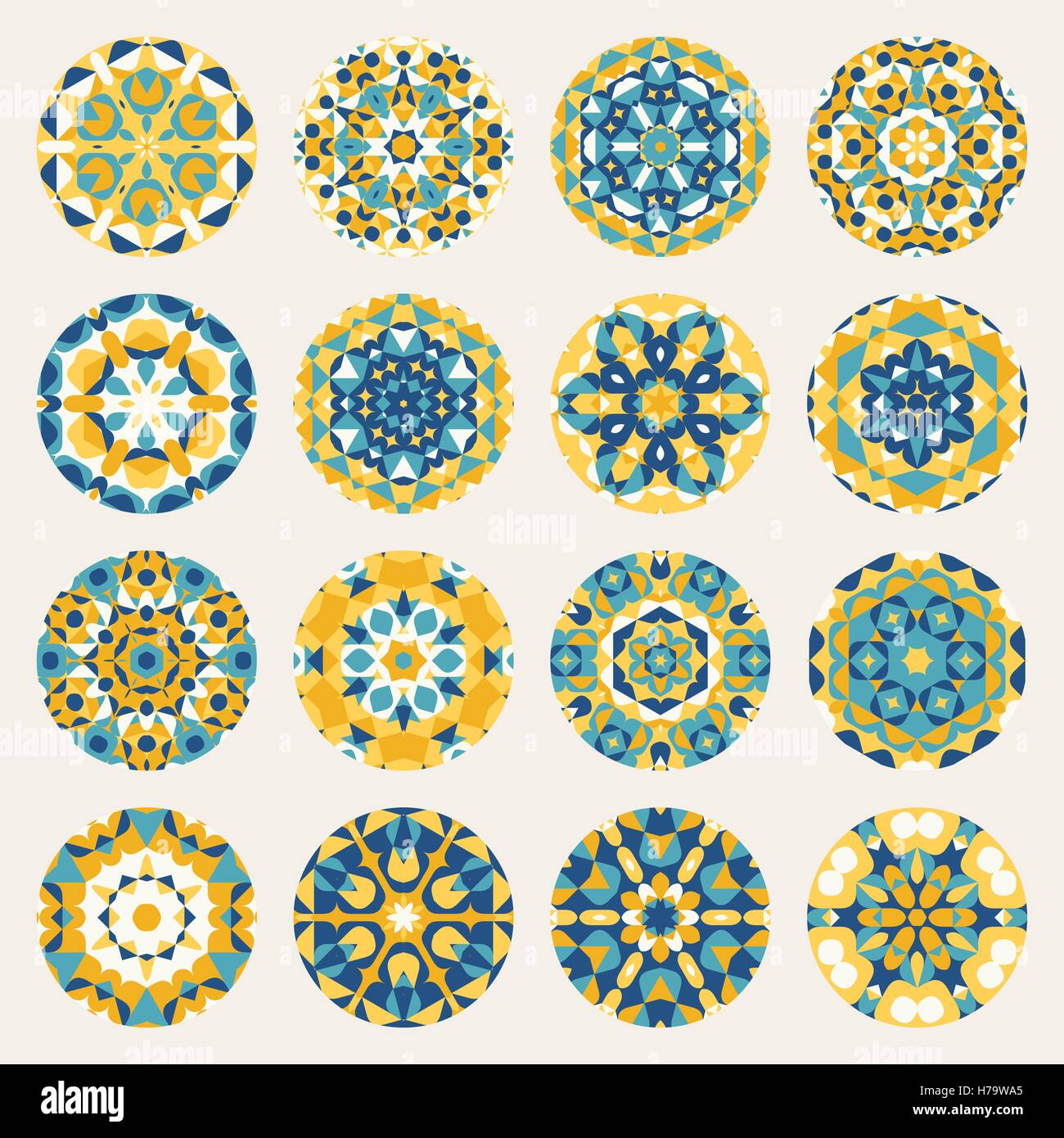 Satz von sechzehn runden blau gelb Mandala Kaleidoskop geometrische Ornamente Kreise Stock Vektor