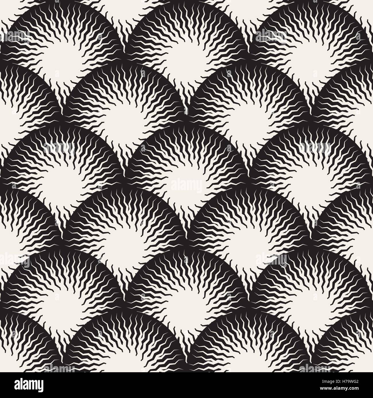 Vektor nahtlose schwarz-weiß optische Kunst Zickzack Strahlen Runde Kreis-Muster Stock Vektor