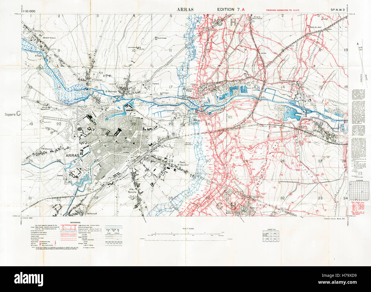 Arras Schlachtfeld Sektorkarte, 1917 Edition 7A 1: 10.000 Militärkarte des britischen Sektors in Nordfrankreich, mit Platz 51 b NW3, Gräben korrekt im März 1917 Stockfoto