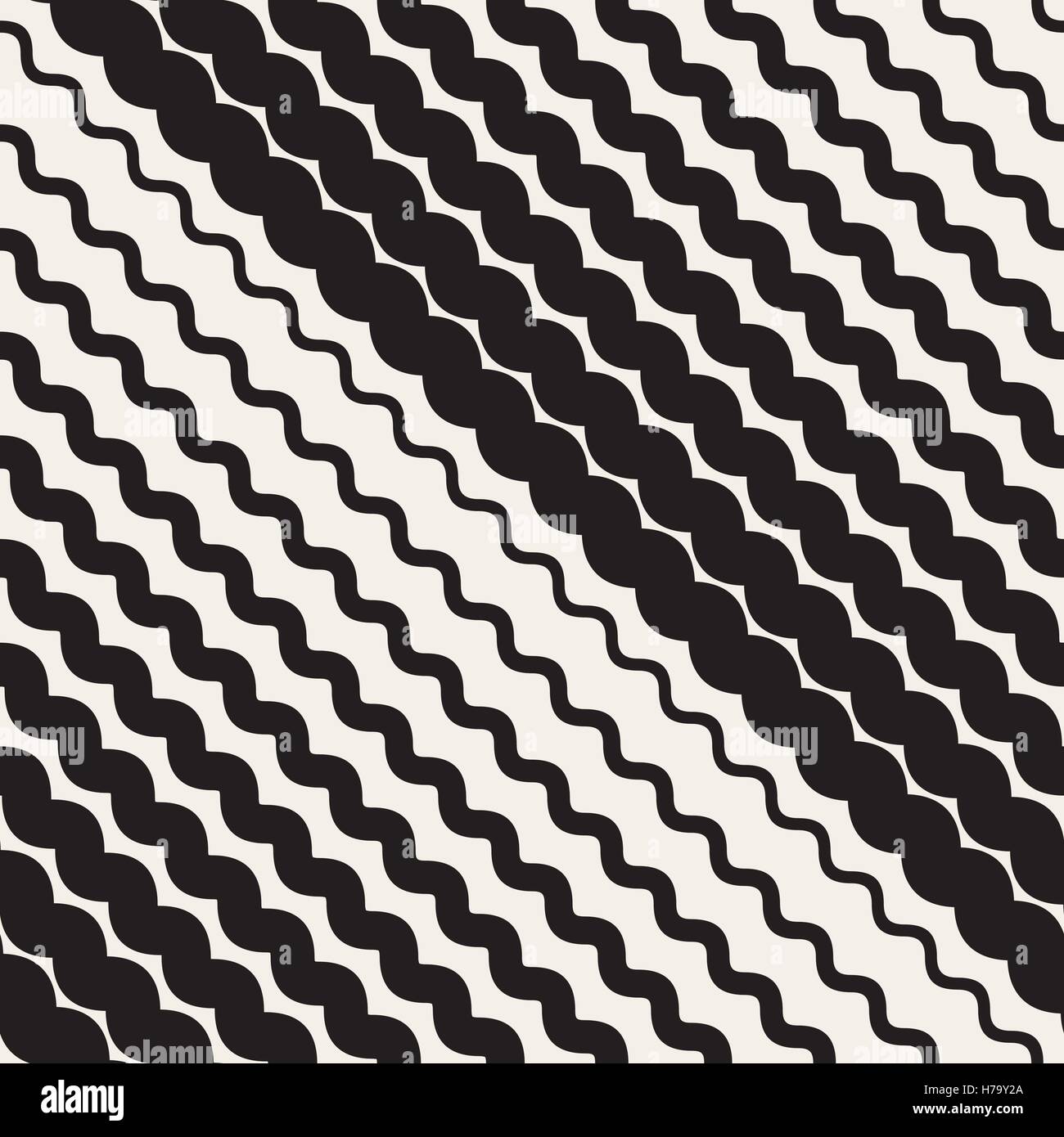 Nahtlose schwarz-weiß Vektor gerundet parallele Diagonale Zick-Zack-Wellenlinien Halftone Pattern Stock Vektor