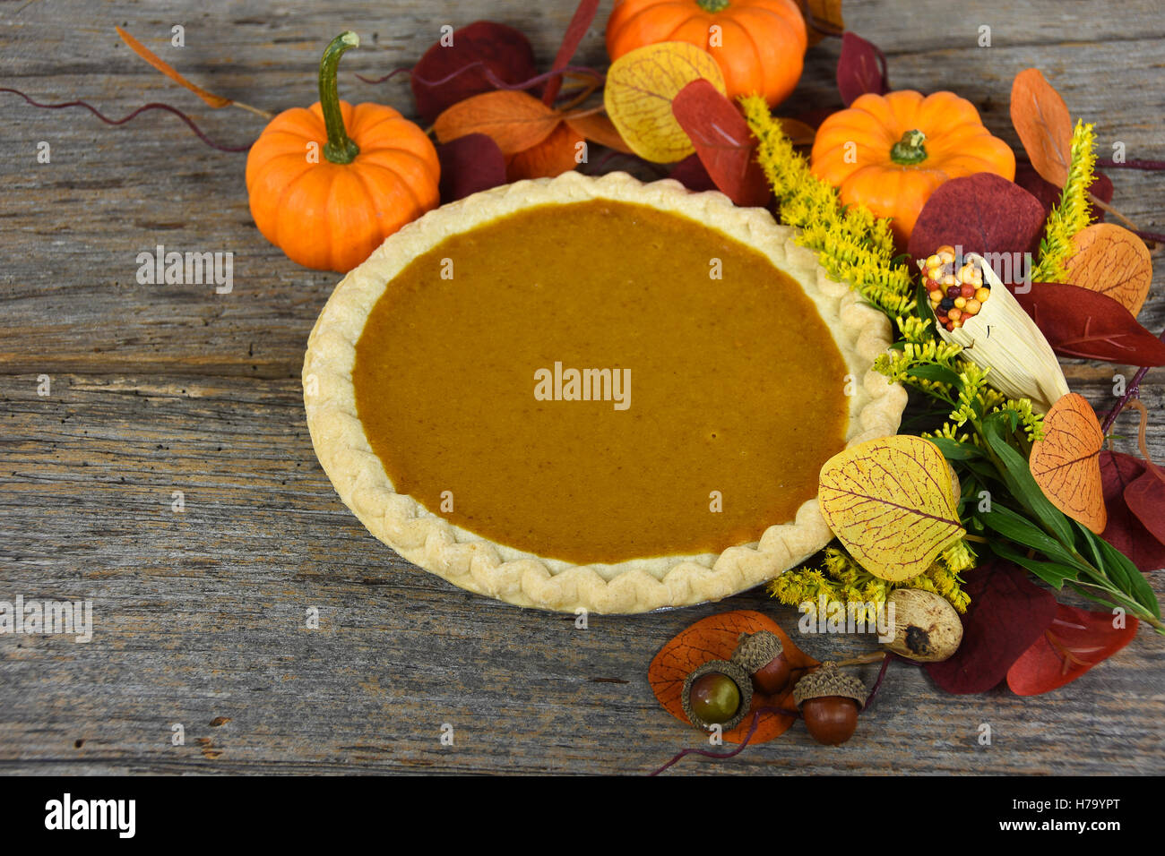 Thanksgiving Kürbis-Pie mit Kürbissen und Herbst Blätter auf rustikale Scheune Holz Stockfoto