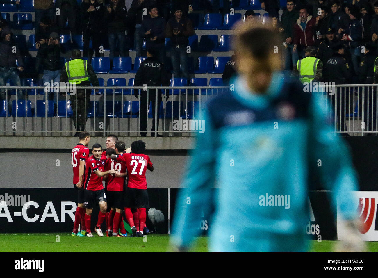 Baku, Aserbaidschan. 3. November 2016. Ruslan Gurbanov von Qabala FK feiert das Ziel während der Europa-League-Spiel zwischen FC Gebele und Saint Etienne 8km-Stadion in Baku. © Aziz Karimow/Pacific Press/Alamy Live-Nachrichten Stockfoto