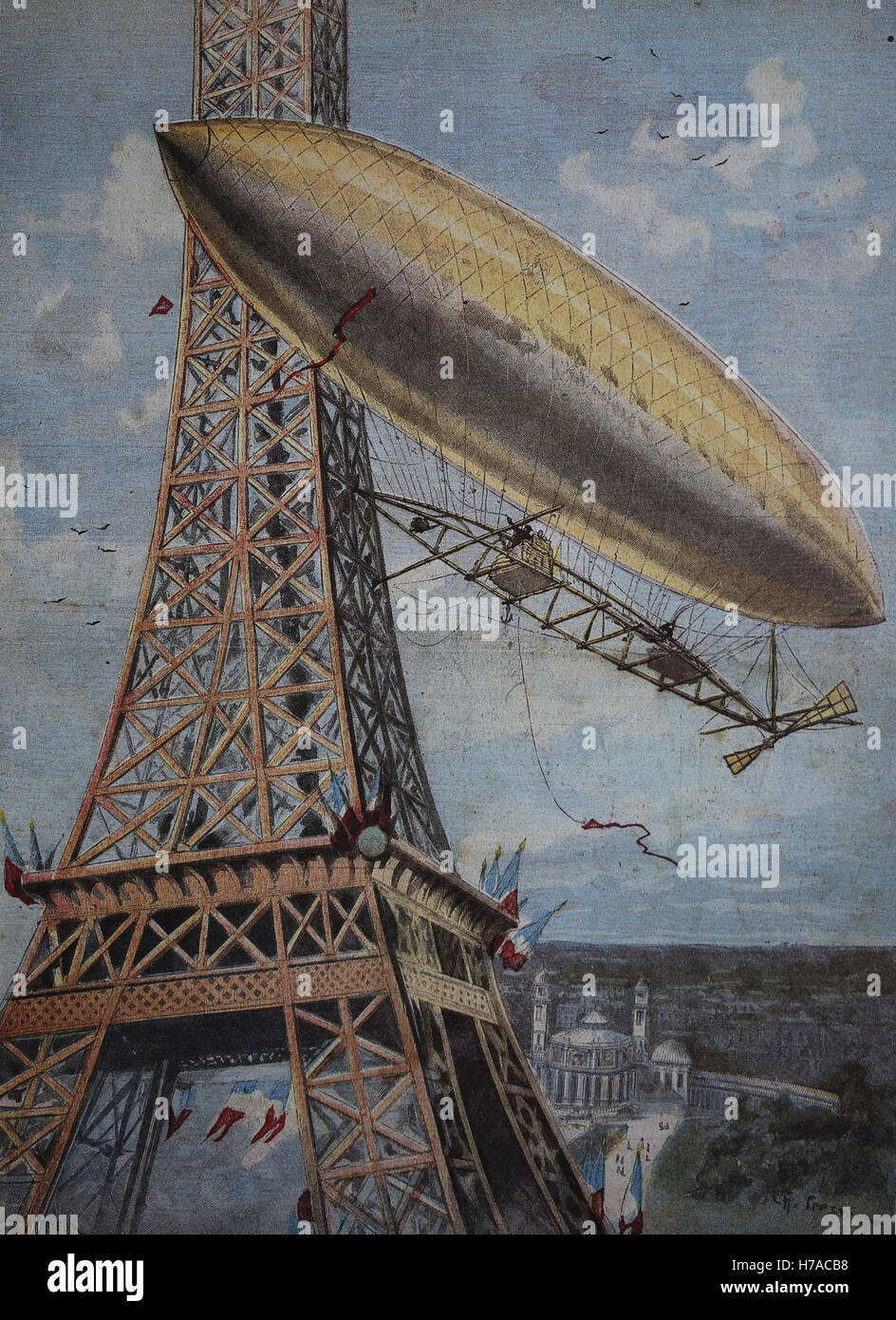 Ballonfahrer. Alberto Santos-Dumont, vorbei an der Eiffel-Turm, 1901. Kupferstich von d'Andrieux für Le Petit Parisien. Stockfoto