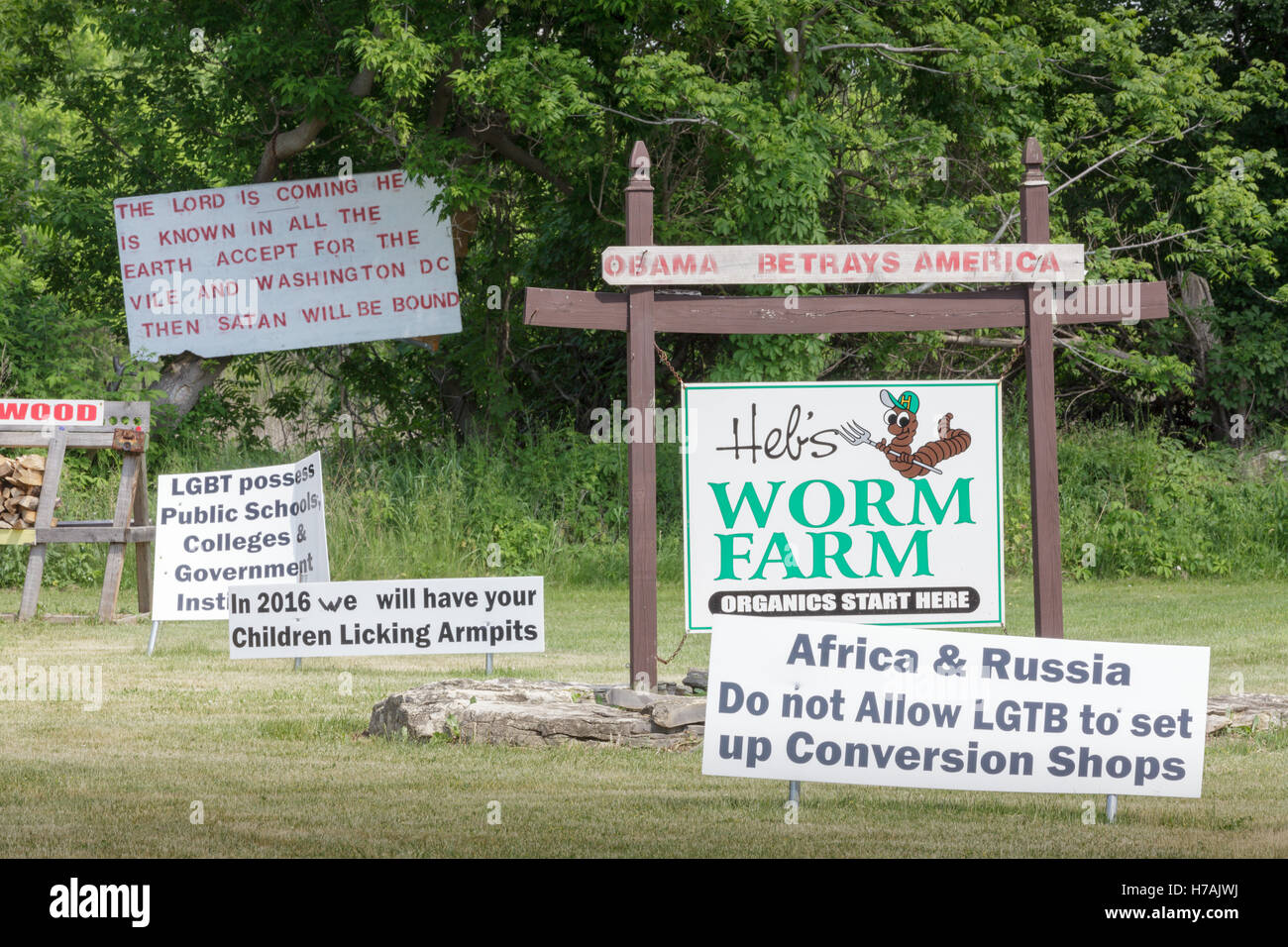 Heb die Wurm-Bauernhof bezieht starke politische Stellung. Finger Lakes, New York State, USA. Stockfoto