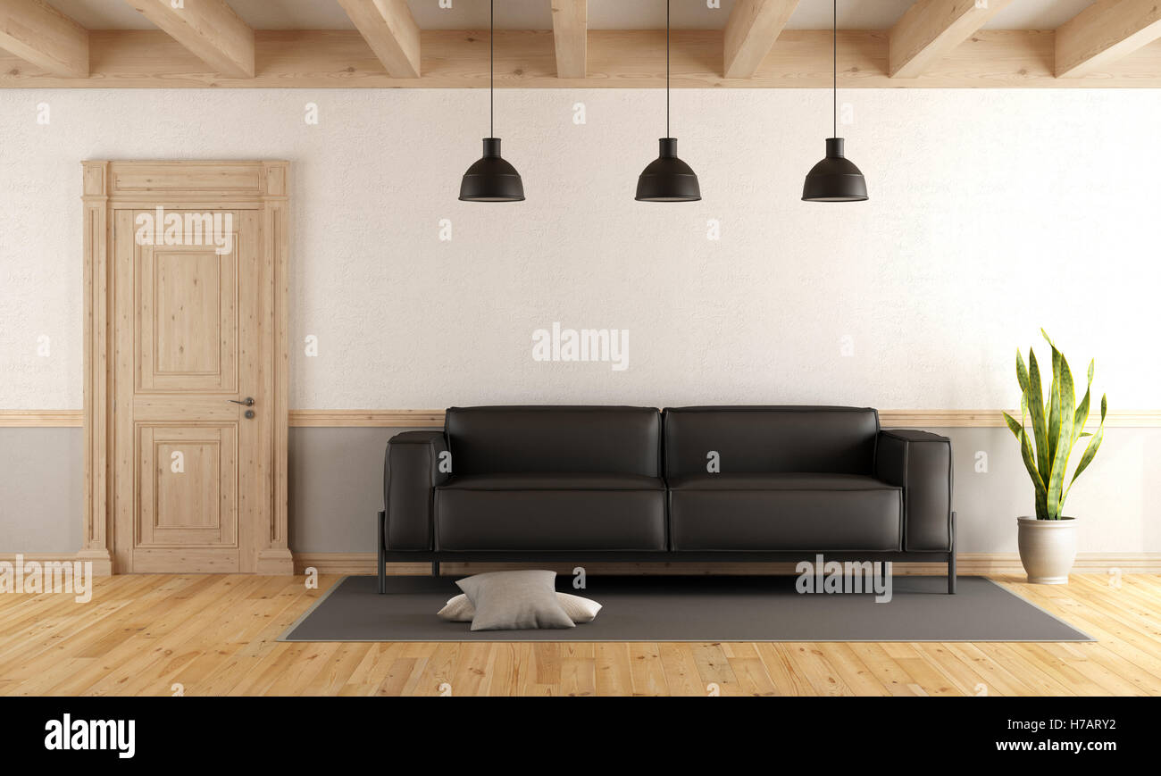 Wohnzimmer mit geschlossenen Holztür, schwarzen Leder Sofa, Parkett und Sonnenstrahlen - 3d rendering Stockfoto