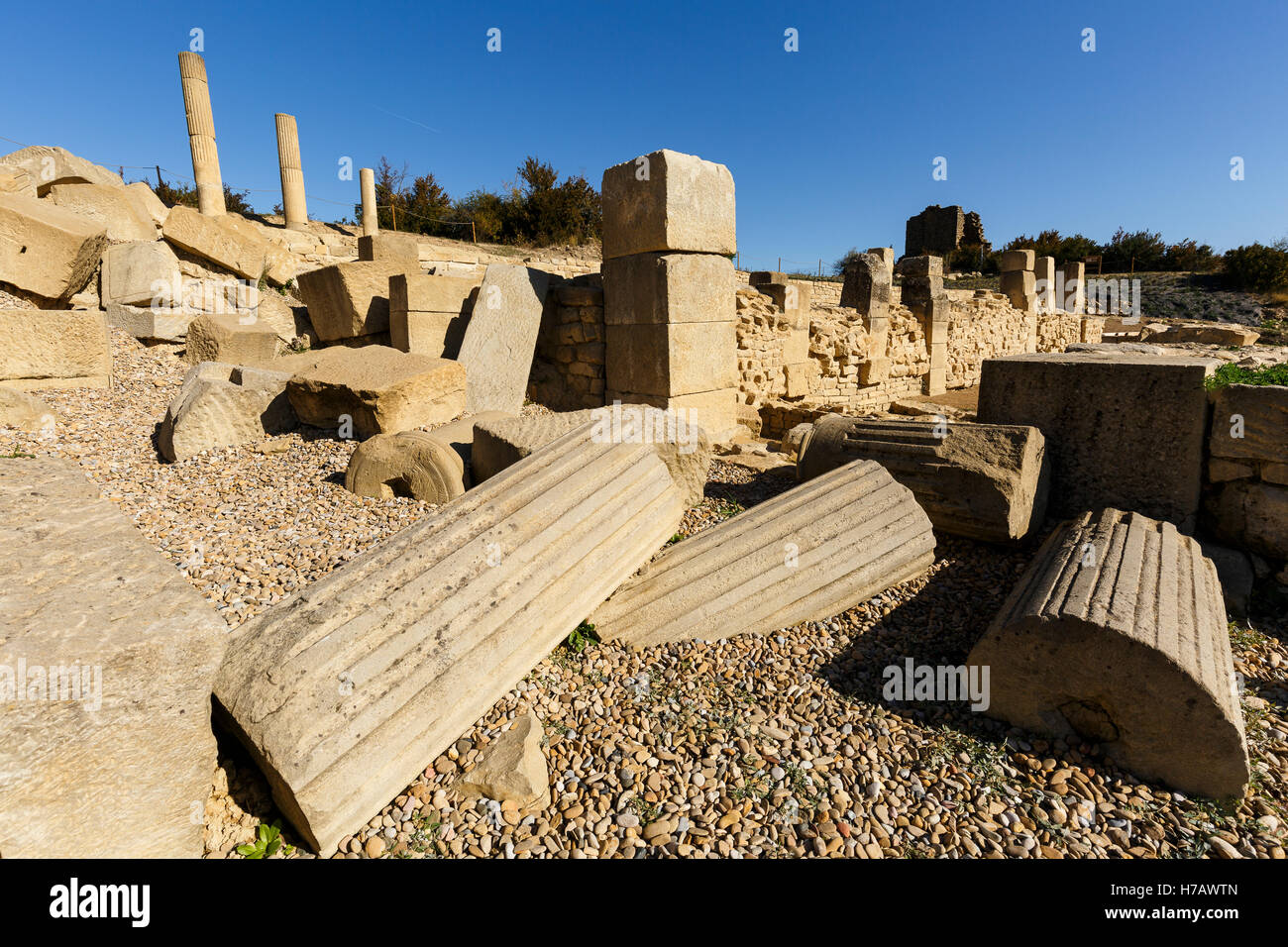 Ruinen der Santa Criz Roman Stadt. Eslava Dorf. Provinz Navarra. Spanien. Europa Stockfoto