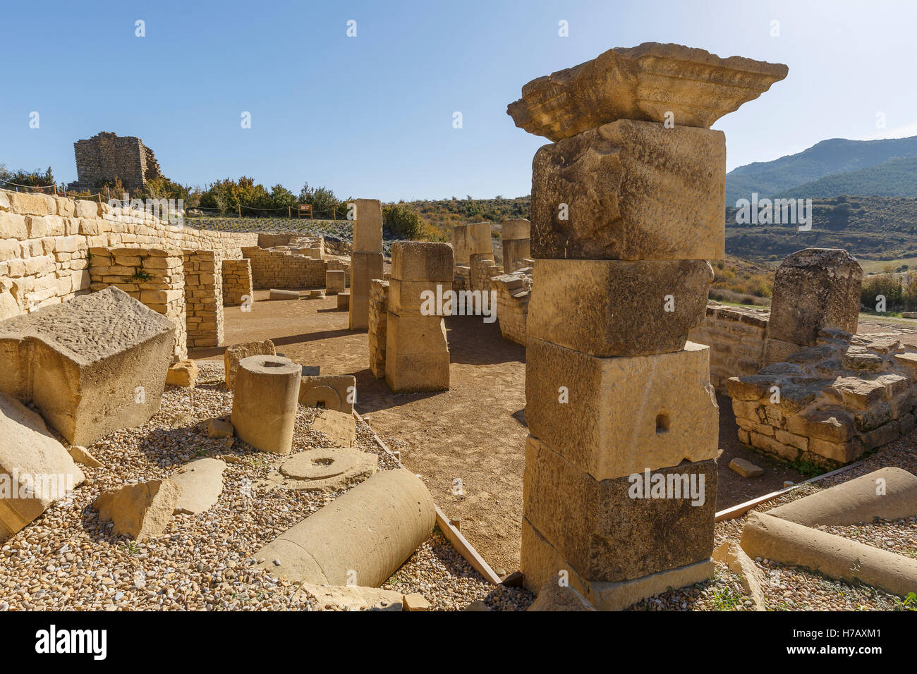 Ruinen der Santa Criz Roman Stadt. Eslava Dorf. Provinz Navarra. Spanien. Europa Stockfoto