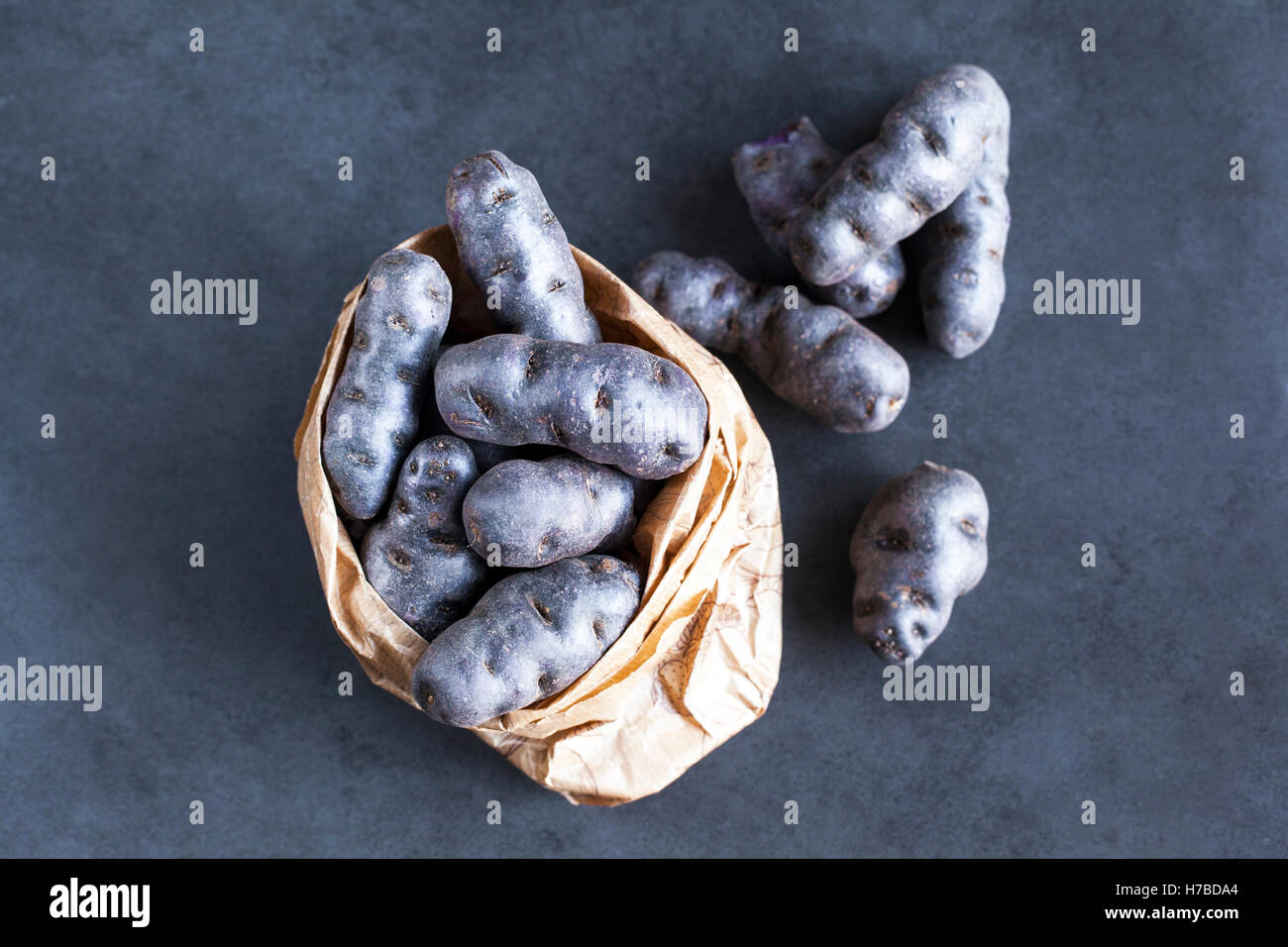 VITELOTTE, auch genannt Vitelotte Noire, Négresse oder Truffe de Chine ist eine Gourmet-französische Sorte von blau-violetten Kartoffel. Stockfoto