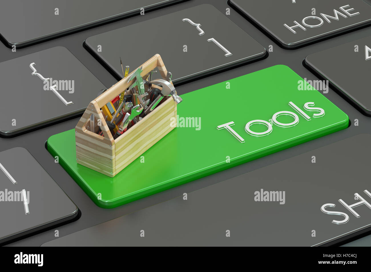Werkzeuge grüne Taste auf der Tastatur. 3D-Rendering Stockfoto