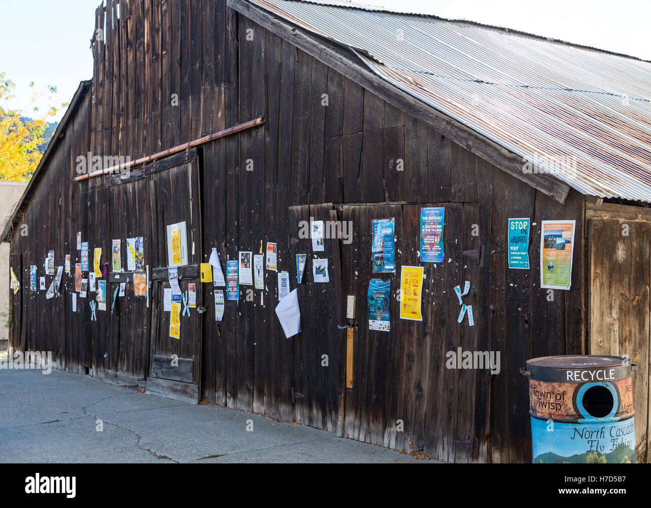 Paper-anzeigen auf einer alten Scheune in der kleinen Stadt Twisp, Washington, USA veröffentlicht. Stockfoto
