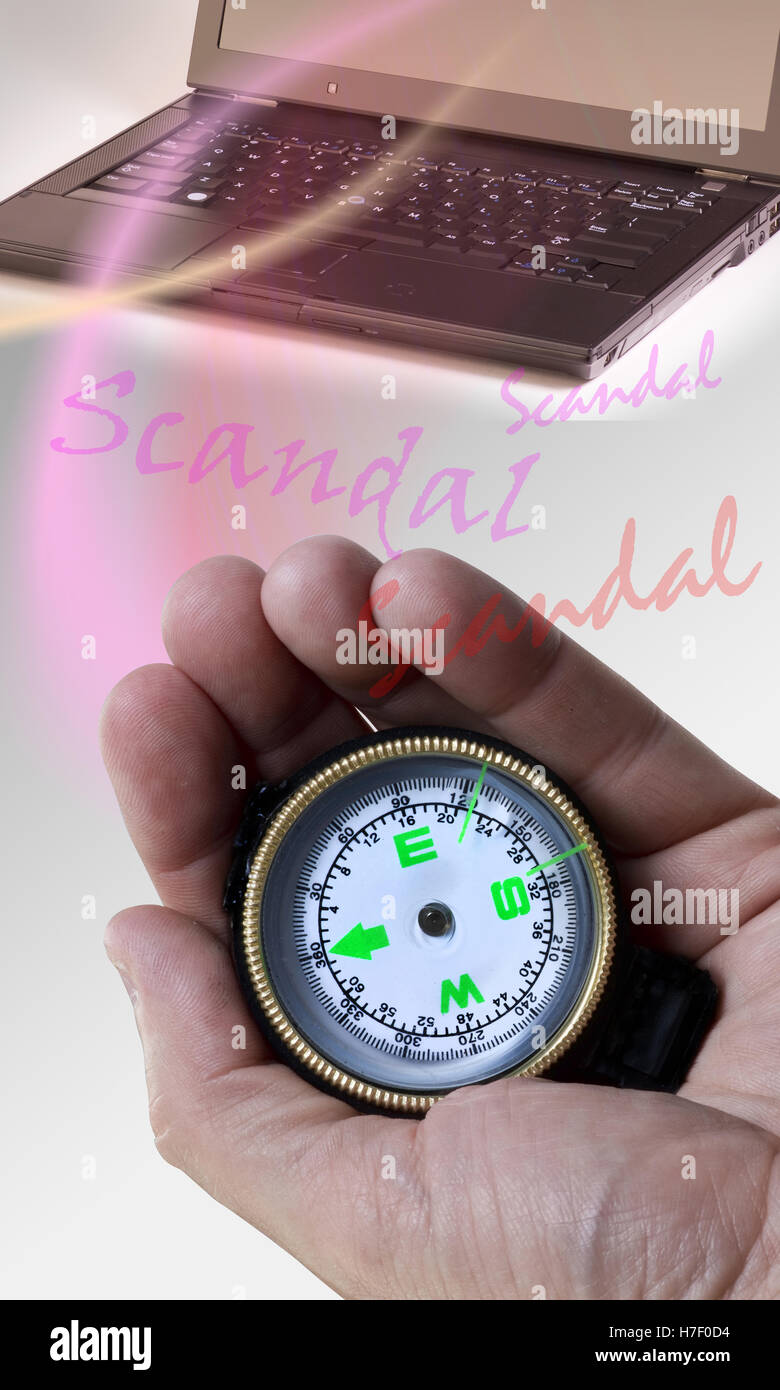 Computer-Skandal mit Kompass in der Hand. Stockfoto