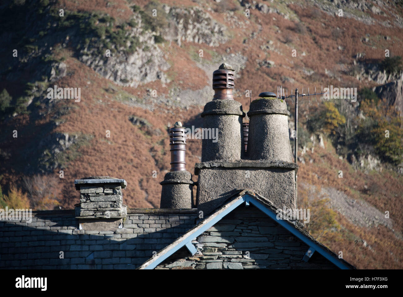 Lakeland Schornsteine, Kapelle Stile Langdale Valley, Lake District, Cumbria, UK. Stockfoto