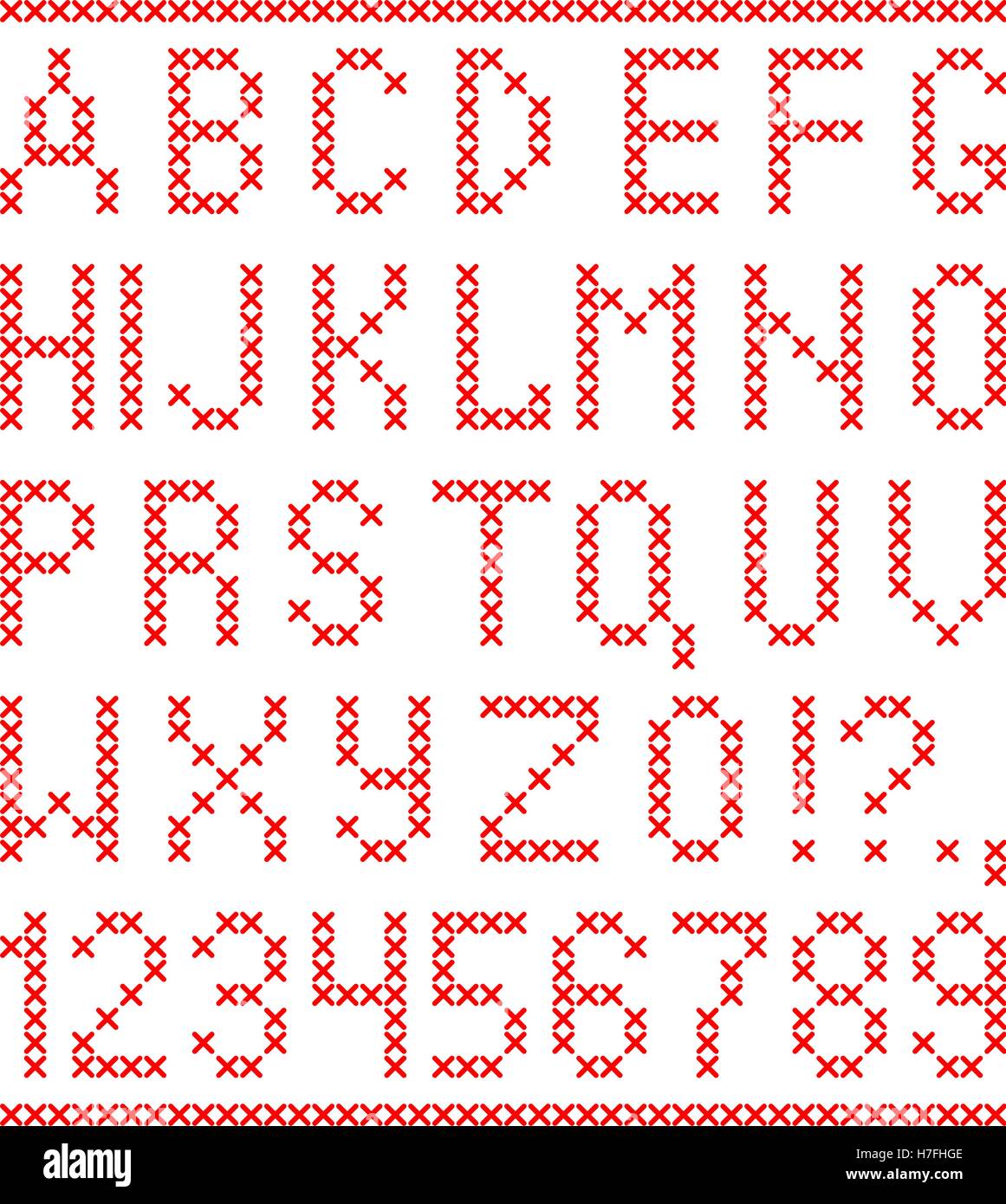 Bestickt von cross Stitch englische Alphabet mit Zahlen und Symbolen, die isoliert auf weißem Hintergrund. Stock Vektor