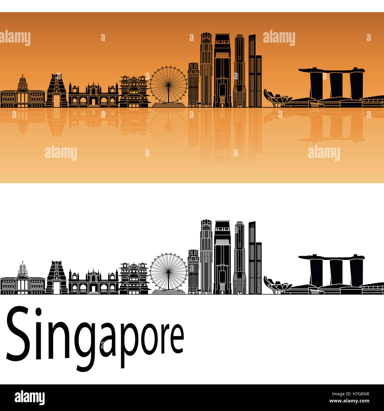 Skyline von Singapur V2 in orangem Hintergrund in bearbeitbare Vektordatei Stockfoto