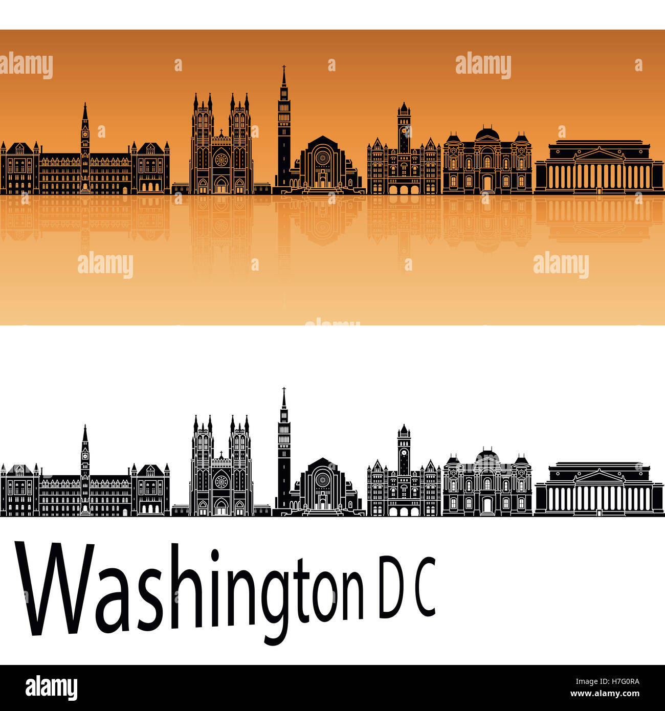 Washington DC V2 Skyline im orangefarbenen Hintergrund in bearbeitbare Vektordatei Stockfoto