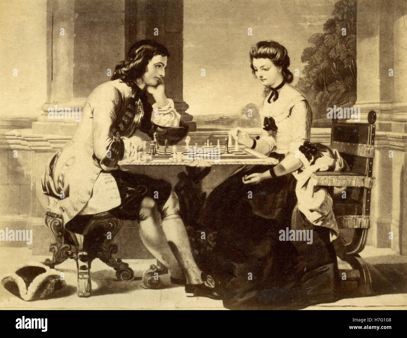 Viktorianischen Zeitalter paar beim Schachspiel, Radierung Stockfoto