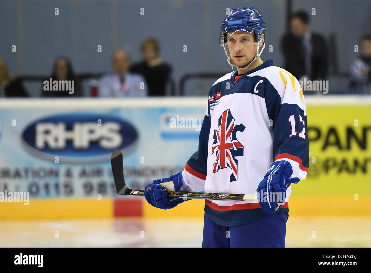Mark Richardson von der Cardiff Devils, als Kapitän Großbritannien-Eishockey-Mannschaft in ihre 2: 1-Niederlage gegen Norwegen. Stockfoto