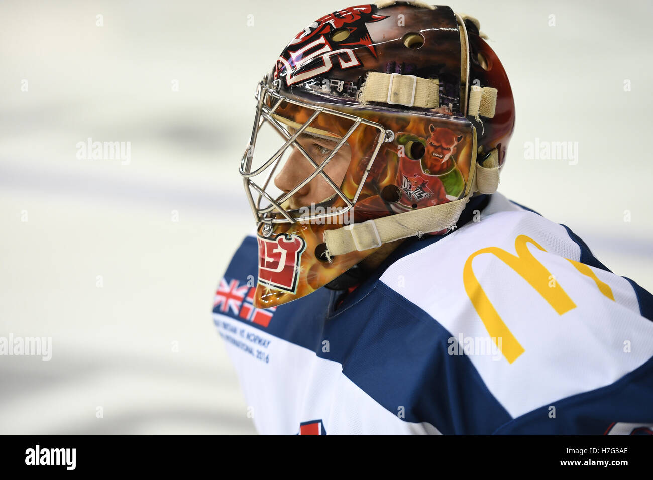 Cardiff Devils Netminder Ben Bowns auf internationale Pflicht für GB-Team in der internationalen freundlich gegen Norwegen Stockfoto