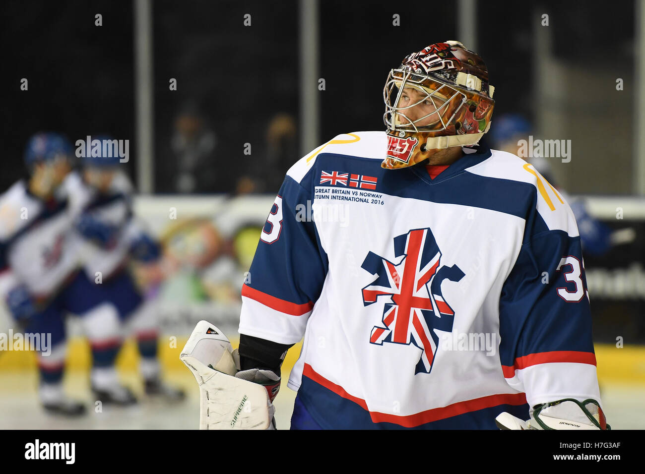 Cardiff Devils Netminder Ben Bowns auf internationale Pflicht für GB-Team in der internationalen freundlich gegen Norwegen Stockfoto