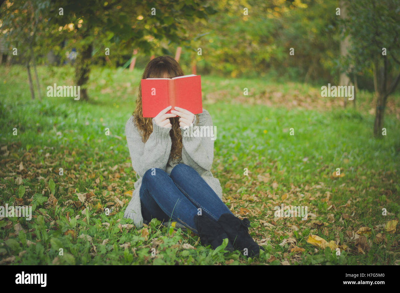 Frau Buch sitzen im park Stockfoto