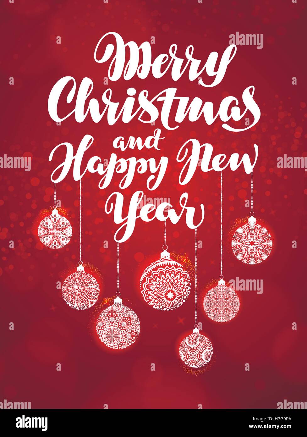 Frohe Weihnachten und Happy New Year, banner. Schönen Gruß Schriftzug verziert mit dekorativen Weihnachts-Dekorationen Stock Vektor