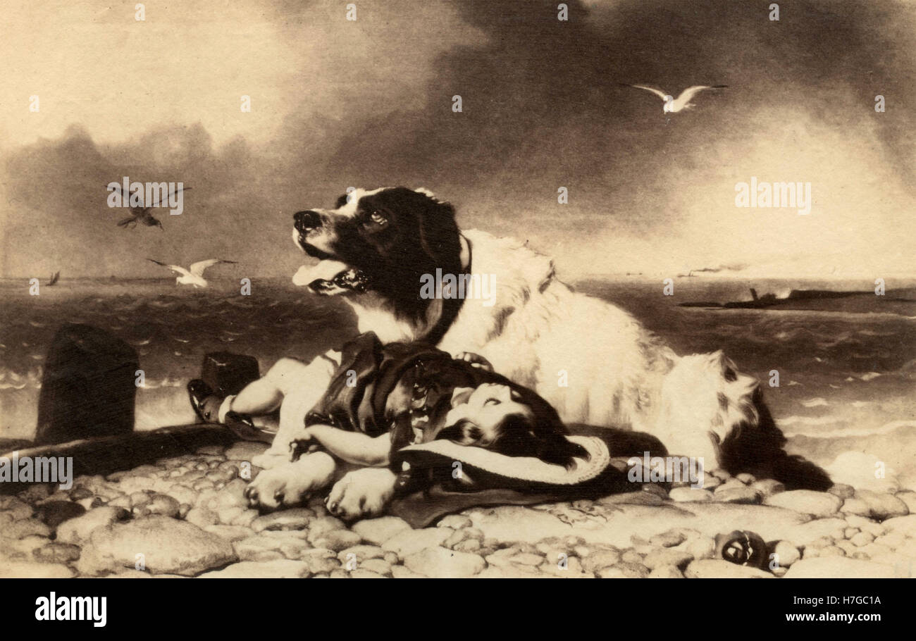 Landseer Neufundländer, ein Kind zu retten Drucken von Samuel Cousins nach Edwin Henry Landseer Stockfoto