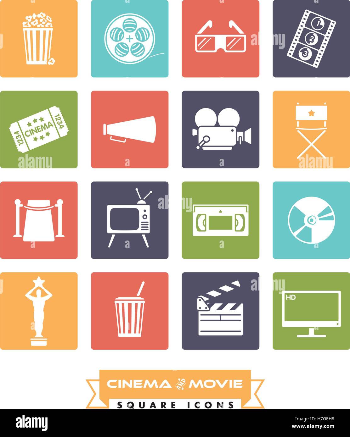Sammlung von 16 Kino und Film im Zusammenhang mit Vektor-Icons in farbige Quadrate mit abgerundeten Ecken Stock Vektor
